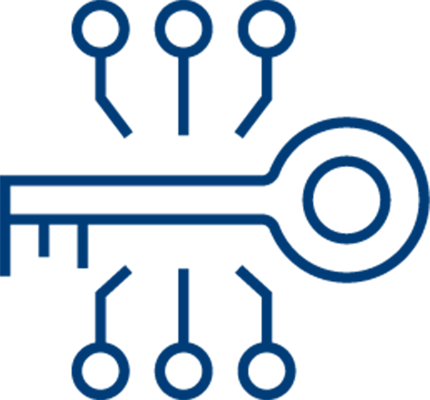A simple blue outline of a key with multiple lines and circles branching from its top and bottom, resembling a circuit board or network—symbolizing digital security, encryption, and protection against issues like healthcare staff burnout.