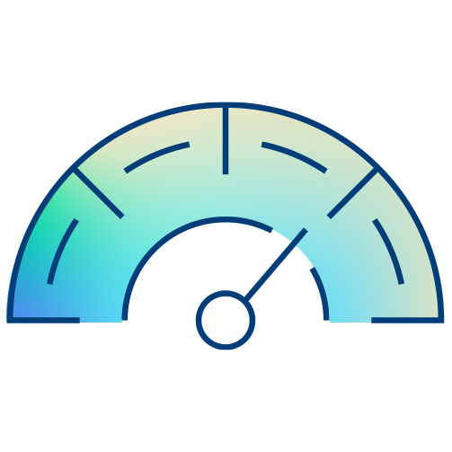 A semicircular gauge with a needle pointing slightly above the midpoint, set against a light background featuring BAYADA’s signature blue and green gradient.