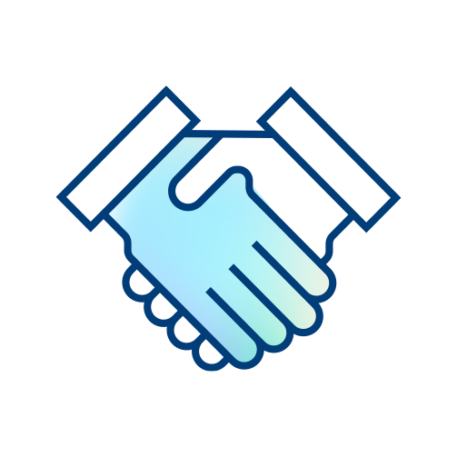 A simple line drawing of two hands shaking, symbolizing agreement or partnership, with a light blue and green gradient on the hands, representing BAYADA’s commitment to caring connections.