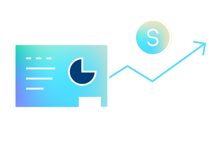 A minimalist graphic of a presentation board with a pie chart, a rising arrow line graph, and a circular icon with an S inside, symbolizing BAYADA’s focus on business growth and progress.