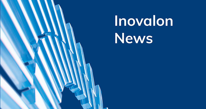 Blue background with white text reading Inovalon News. On the left, a curved pattern of reflective blue and white bars appears, creating a modern, abstract design.