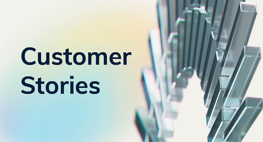 Text Customer Stories next to shiny, abstract 3D geometric shapes on a soft gradient background.