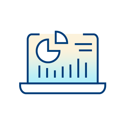 Outlined illustration of a laptop displaying a pie chart and bar graph on the screen, symbolizing data analysis or business analytics for Freeman Health System using Vigilanz software.