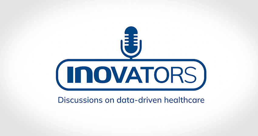Logo with a microphone icon above the word “INOVATORS,” where the second “O” is stylized as the microphone. Text below reads, “Discussions on data-driven healthcare.”.