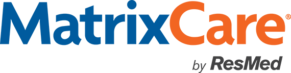 MatrixCare logo in blue and orange text, with "by ResMed" written in gray below, highlighting the MatrixCare brand.