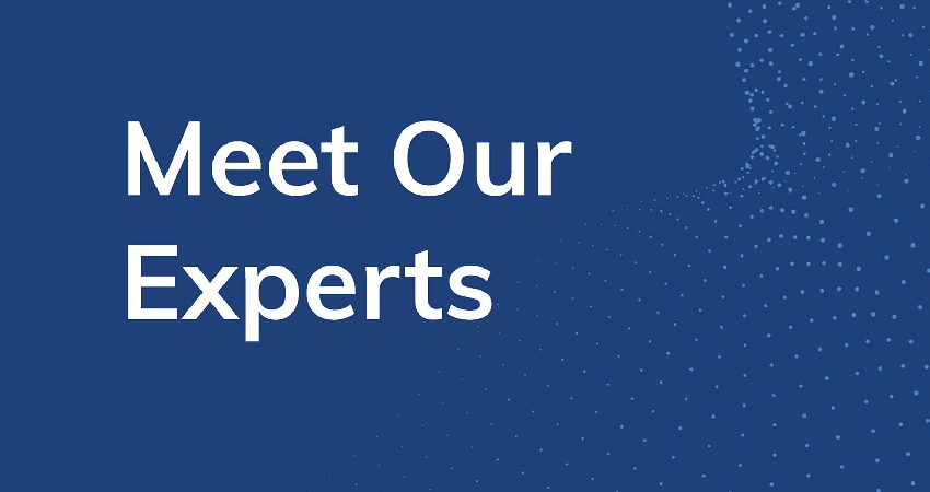 White text on a blue background reads Meet Our Experts. The right side features a pattern of small white dots forming curved lines, suggesting a digital or modern theme.