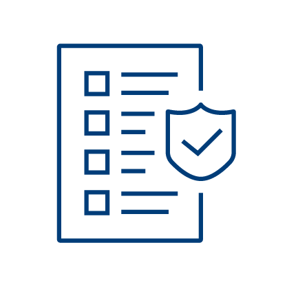 A simple blue outline icon of a checklist with five items and a shield overlayed, featuring a checkmark inside the shield, symbolizing secure or verified tasks in Pharmacy Surveillance Software.