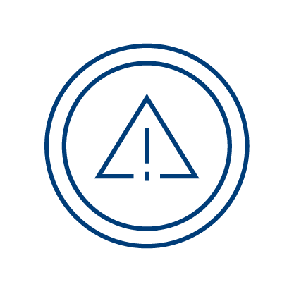 A blue outlined triangle with an exclamation mark inside, surrounded by a double circle on a light gray background, representing a warning or alert symbol for Pharmacy Surveillance Software.