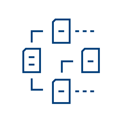 A simple blue line icon of four documents arranged in a circle, connected by lines and dotted paths, symbolizing data sharing or file transfer—ideal for illustrating Pharmacy Surveillance Software—on a light gray background.