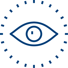 A simple blue outline of an eye, symbolizing vigilance in Antimicrobial Stewardship, is centered within a circle of evenly spaced blue dots on a light gray background.