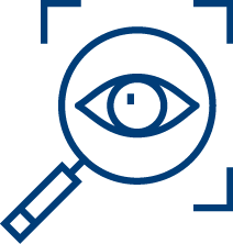 A blue outline of a magnifying glass focusing on an eye, surrounded by four corner brackets, symbolizes the careful observation essential in Antimicrobial Stewardship, all set against a light gray background.