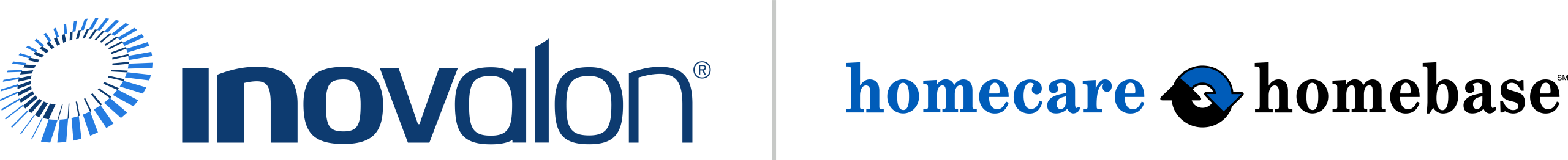 Two company logos: Inovalon, with a blue circular abstract design, and Homecare Homebase, with the words in blue and black and a house symbol within the o of homebase.