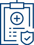 Blue outline icon of a medical clipboard with a plus sign, checklist, and shield with checkmark in the bottom right corner, symbolizing health, insurance, and MDS assessment.