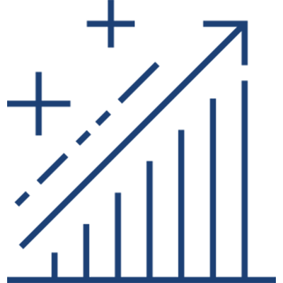 A blue line graph with bars of increasing height and an upward diagonal arrow, symbolizing growth or progress in audits and appeals. Two plus signs in the background emphasize improvement or positive results.