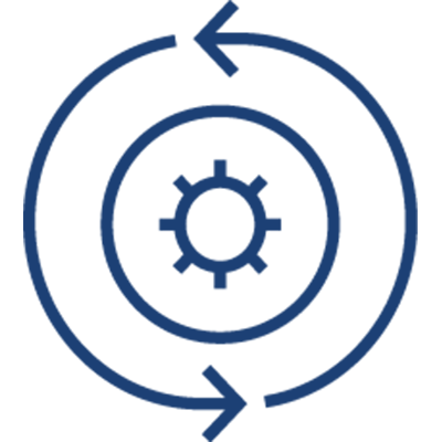 A blue gear icon is centered within two concentric circles, each with an arrow indicating clockwise rotation, symbolizing process, workflow, or continuous improvement in managing insurance claim denial challenges.