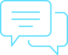 Two light blue outlined speech bubbles overlap on a light gray background; one bubble contains three horizontal lines representing text, while the other is empty.