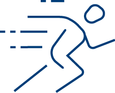 A simple blue line drawing of a person in a running pose, leaning forward with bent arms and legs, suggesting fast motion with dashed lines behind them.