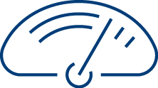 A blue outline of a speedometer with the needle pointing to the right, indicating high speed or performance.