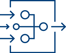A diagram with three arrows entering a box from the left, connecting to three circles linked by lines, and one arrow exiting the box on the right, symbolizing process integration or data flow.