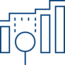 A blue outline graphic showing bar charts of different heights with a magnifying glass icon in front, and dashed lines connecting the bars, symbolizing data analysis or investigation.