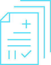 Outline of a document with a plus sign, horizontal lines, and a check mark, depicted in light blue with two more sheets of paper shown behind it, symbolizing multiple documents or medical records.