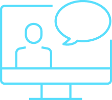 A blue outline icon of a person on a computer screen with a large speech bubble, suggesting online communication or a virtual meeting.