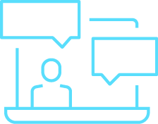 A simple blue outline illustration of a person sitting at a laptop with two large speech bubbles above, representing online communication or virtual conversation.