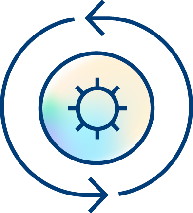 A circular icon with a gear in the center, surrounded by two curved arrows forming a loop, representing a process or system update. The gear has a soft rainbow gradient fill.