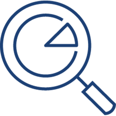 A blue outline of a magnifying glass focusing on a pie chart, with a single slice highlighted, symbolizes insurance claim denial. The design is simple and uses clean lines on a light background.