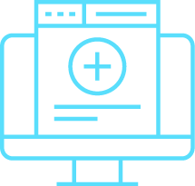 Simple blue outline illustration of a computer monitor displaying a web page with a large plus sign in the center, representing the option to add or create something new.