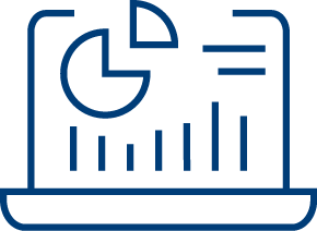 Blue outline drawing of a laptop screen displaying a pie chart and a bar graph, representing data analytics or statistical information.