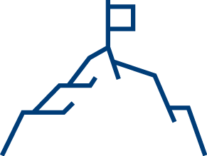 A simple blue line drawing of a mountain with a flag at its peak, representing achievement or reaching a goal.