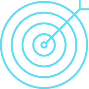 A light blue bullseye with five concentric circles and an arrow reaching from the outer edge to the center, set against a light gray background.