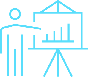 Simple blue line drawing of a person pointing at a presentation board on a stand, displaying a bar graph with increasing values.