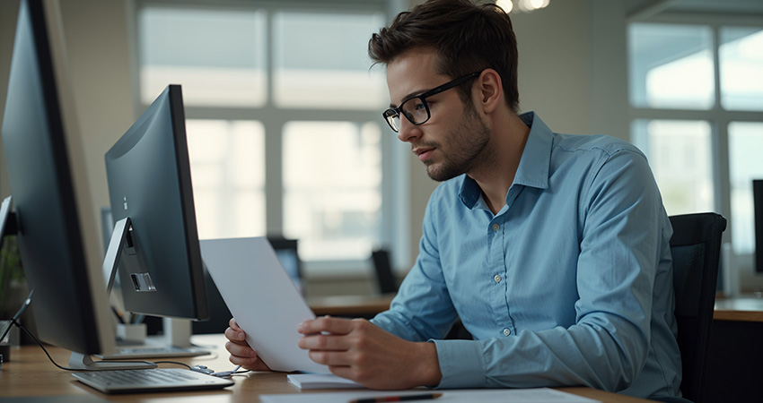 A young man wearing glasses and a blue shirt sits at a desk in an office, reviewing RADV Audits papers in his hand while working on a computer. The background is bright with large windows.