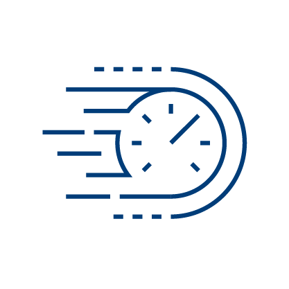 A blue outline of a clock with motion lines to the left, suggesting speed and efficiency in patient safety and quality management, on a light gray background.