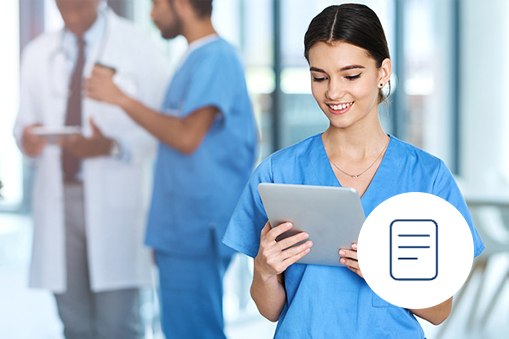 thumbnail of healthcare professional with tablet with a blog post icon
