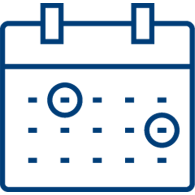 Simple blue outline icon of a calendar with two dates circled, ideal for capturing patient payments. The calendar features two tabs at the top and dotted lines for weeks.