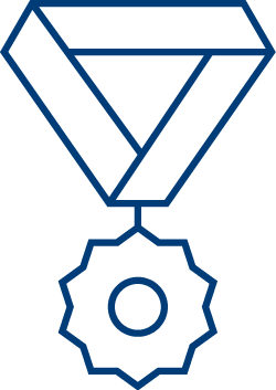 A simple blue line drawing of a medal, symbolizing excellence, with a triangular ribbon and a circular, star-shaped medallion—ideal for representing achievement in a Domiciliary Care Organization (DCO).