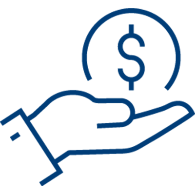 A simple blue outline of a hand facing upward with a dollar sign inside a circle hovering above the palm, symbolizing capturing patient payments or offering money.