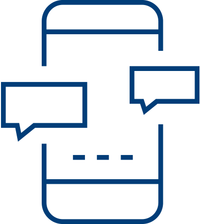 Simple blue outline of a smartphone with two speech bubbles overlapping the screen, representing messaging or text conversation about audits and appeals. Three horizontal dots appear on the lower part of the screen.