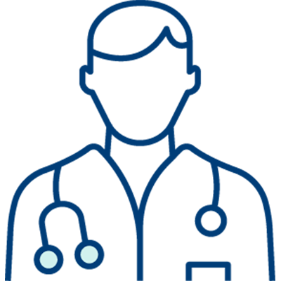 Simple line drawing of a person in a medical coat with a stethoscope, representing a healthcare professional. Ideal for illustrating proactive scheduling or staff scheduling software in healthcare settings. Face is featureless and not detailed.