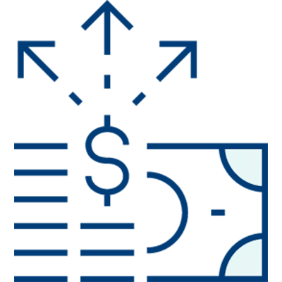 A simple blue line drawing of a dollar sign and a stack of money, with three arrows pointing outward above them, suggesting proactive scheduling or the efficient distribution of funds through staff scheduling software.