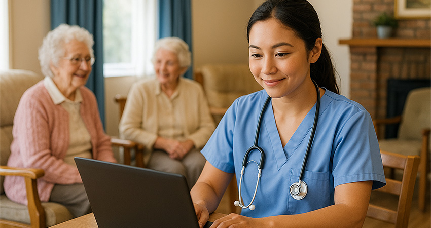 smiling nurse working at a laptop with elderly residents in the background