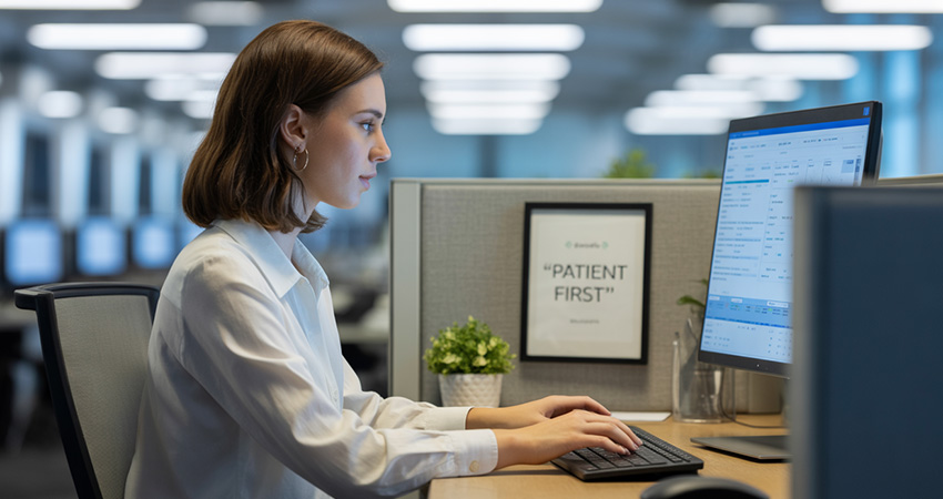 woman sitting at a cubicle working on desktop computer