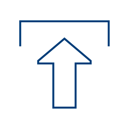 A blue outlined upward arrow points toward a horizontal line with short vertical lines at each end, symbolizing the streamlined process enabled by payroll-based journal reporting software, all on a light gray background.