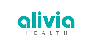 The image shows the alivia health logo with alivia in bold teal lowercase letters above the word HEALTH in smaller gray uppercase letters on a light gray background.