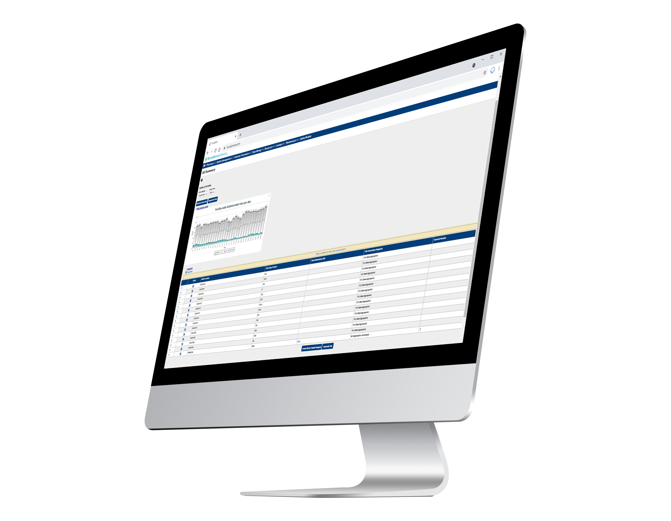 A desktop computer displaying a data management dashboard with a chart and a table of information on a white background. The screen shows various rows and columns with numerical data and text.
