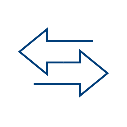 Two blue outlined arrows on a light gray background—one pointing left above the other, which points right—symbolize seamless flow, much like efficient Medicare Revenue Cycle Management Software. The simple lines show clarity and separation.