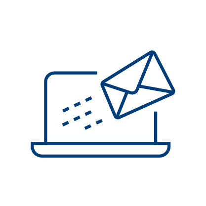 A simple blue line drawing of a laptop with an envelope icon above the screen, suggesting the concept of sending or receiving email, ideal for illustrating Medicare Revenue Cycle Management Software communication.
